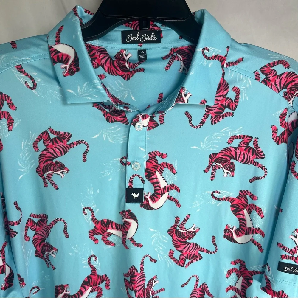 Bad Birdie Men's Tiger Watch Golf Polo Shirt Light Blue and‎ Red Size XL